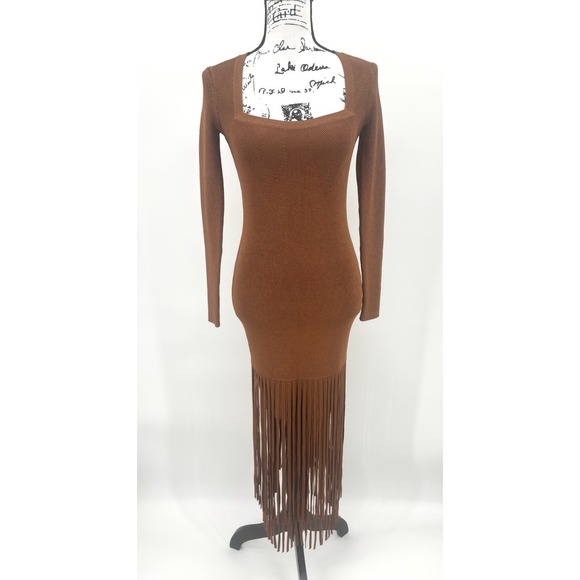 Toccin Mila Fringe Long Sleeve Midi Dress Size XS Bronze Knit Anthropologie NWT - Picture 5 of 12